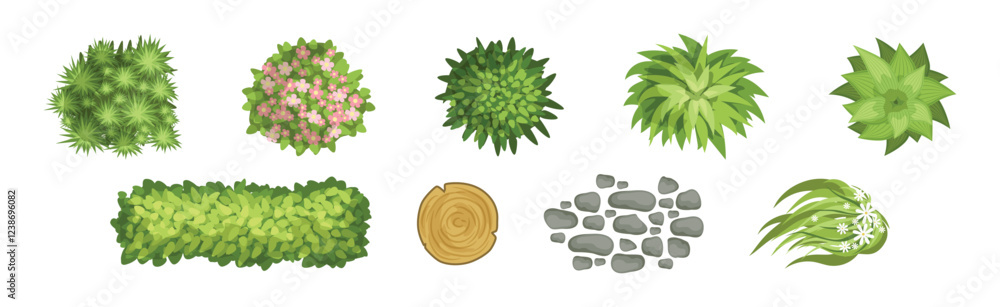 Poster landscape design and garden decorative object and element vector set