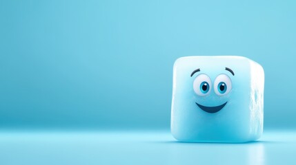 Cute ice cube character with a friendly smile in a vibrant blue setting, showcasing an imaginative design that evokes warmth and joy