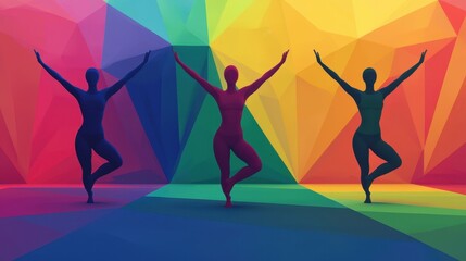 Obraz premium Colorful Abstract Dancers in Dynamic Pose Against Geometric Background