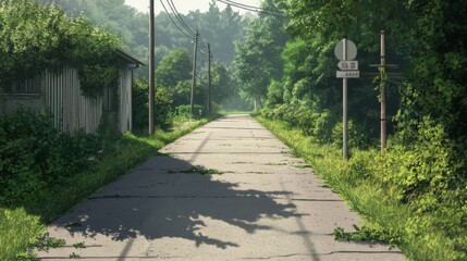 Overgrown country road, summer morning, trees, sunlight, peaceful scene, travel background
