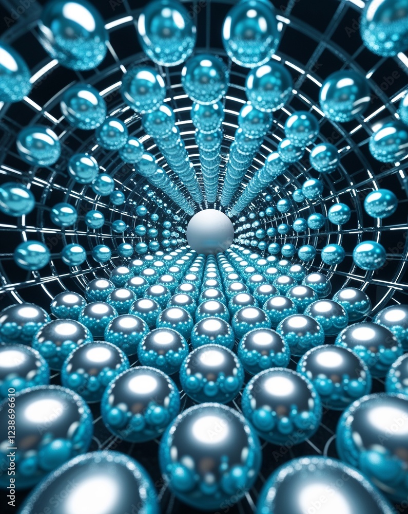 Poster cyan reflective metallic spheres creating a futuristic circular grid abstract background
