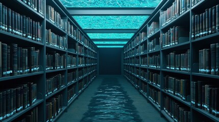 Surreal Underwater Library with Shelves and Books Surrounded by Water