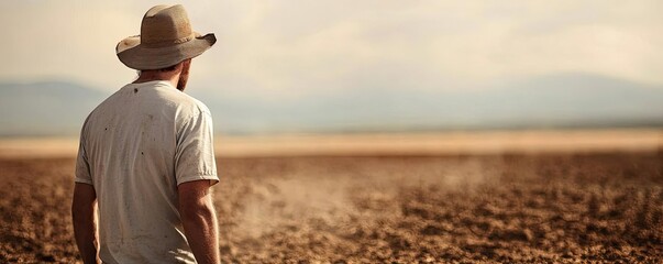Global warming climate change concept. A farmer gazes over a dusty field, contemplating the challenges of agriculture.