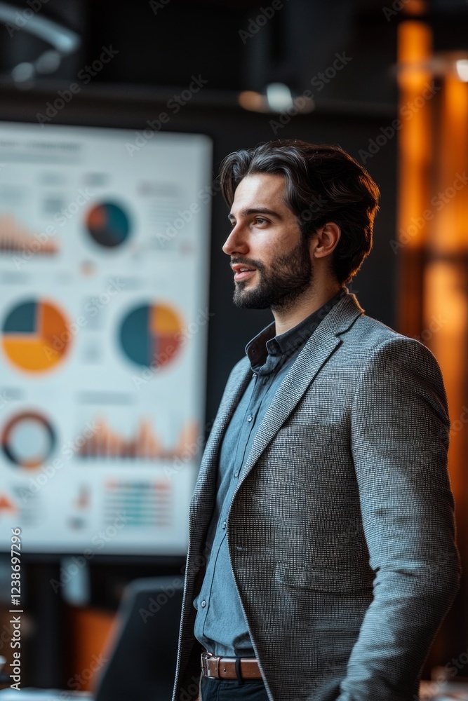 Poster a well-dressed man is engaged in a presentation, discussing data insights in a sleek office setting,