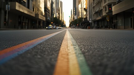 Subtle LGBT rainbow lines adorn empty city streets at sunset, creating a vibrant yet understated celebration of diversity and unity