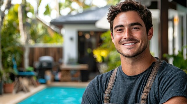 Portrait of a smiling young man in a backyard setting.  He exudes happiness and contentment, creating a positive and inviting atmosphere.
