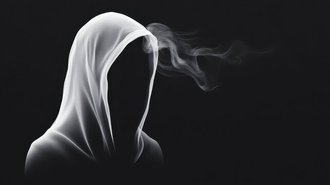 Mysterious ghost figure enveloped in transparent veil exuding an eerie presence against a dark backdrop evokes feelings of fear and intrigue during the witching hour