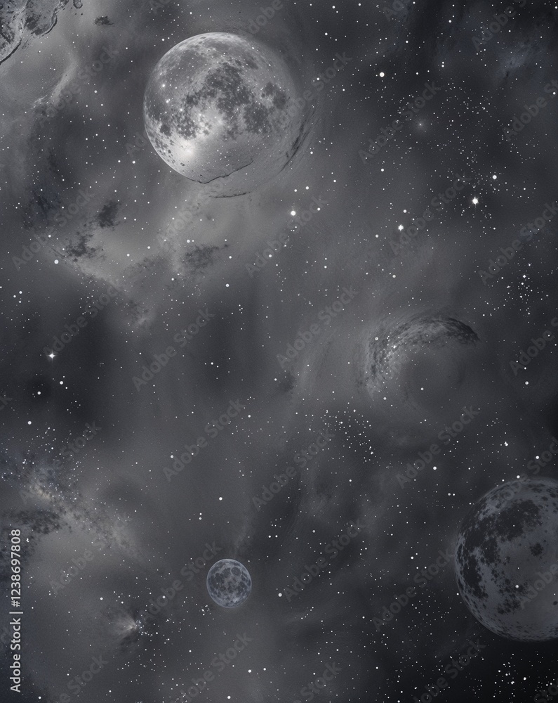 Poster dark gray with subtle lunar textures and star clusters abstract background