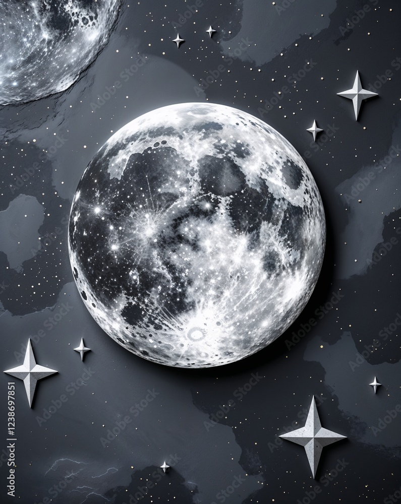Poster dark gray with subtle lunar textures and star clusters abstract background