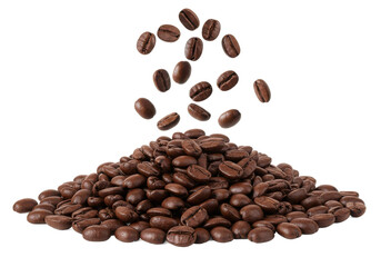 Obraz premium Pile of roasted coffee beans with a few beans falling from above, isolated on white background