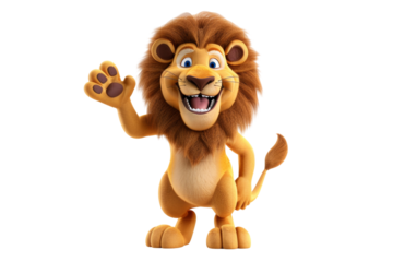 Friendly cartoon lion waving a paw with a big smile on its face, standing on two feet