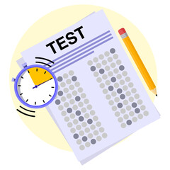 Standardized test sheet bubbles fill with pencil and stopwatch concept design, education illustration.