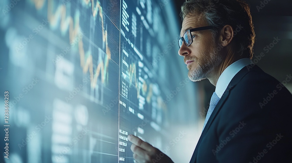 Poster a business professional in a suit studies complex data displayed on a large digital screen in a cont
