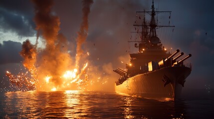 Fototapeta premium Large Warship Engaged in Nighttime Cannon Fire