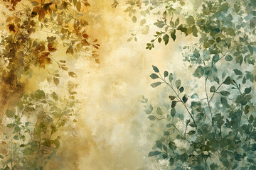Elegant botanical artwork featuring textured foliage silhouettes in autumnal greens and golds on a distressed background. Ideal for design projects, invitations and more.