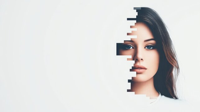 Exploration of identity and perception in a modern digital era depicted by a woman&rsquo;s face partially dissolving into a white backdrop