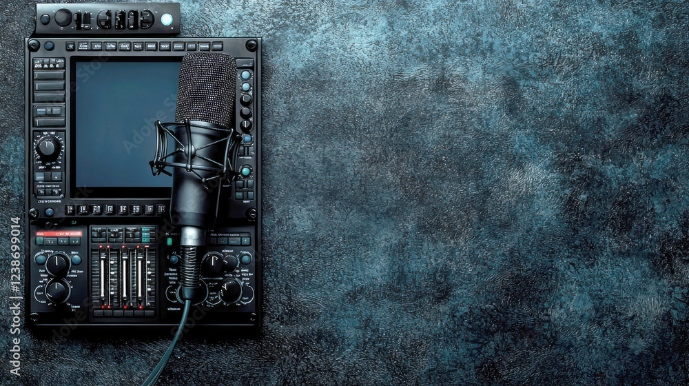 Poster professional audio recording studio setup: microphone and mixing console on dark textured background
