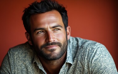 Fototapeta premium handsome man with a beard and a color shirt is smiling