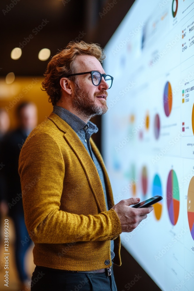 Poster a man engages with visual data on a large screen while holding a smartphone in a contemporary office
