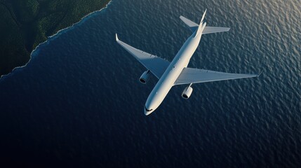 Naklejka premium Cargo aircraft flies over ocean with lush coastline visible, showcasing aerial view of logistics operations and transportation methods during daylight