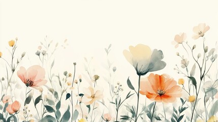 Naklejka premium delicate botanical border with watercolor flowers, soft pastels blend into cream background, elegant composition