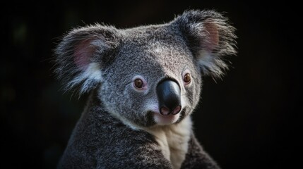 Obraz premium Enchanting image of a gentle koala face highlighting its soft fur and serene expression against dark