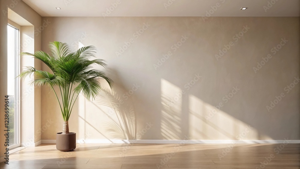 Poster sunlight streams through a window illuminating a large potted plant in a minimalist room with neutra