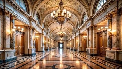 Obraz premium Hallway Perspective with Marble Floors and High Ceilings, Ornate Lighting