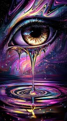 A surreal, mystical eye drips vibrant colors into a cosmic pool below, surrounded by a swirling galaxy that sparkles in the enchanting night sky