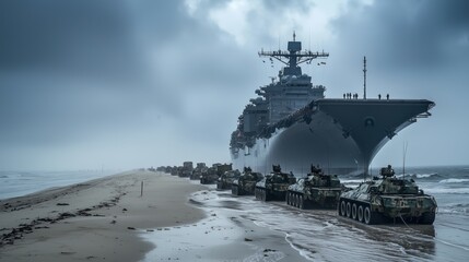 Fototapeta premium Beachfront Military Operations with Amphibious Vehicles
