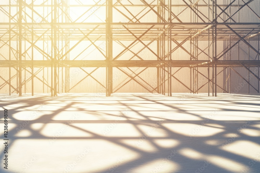 Aufkleber sunlit scaffolding structure casts intricate shadows on a light-colored surface.