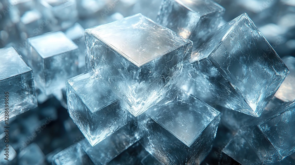 Poster stack of translucent ice cubes with a blurred background, for use in design