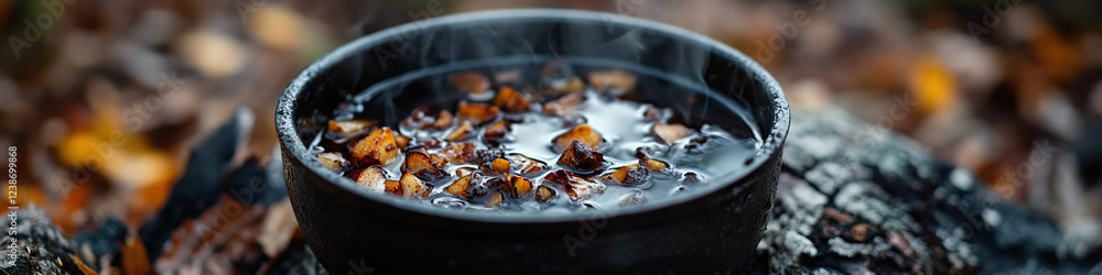 Poster steaming bowl of liquid and chunks on charred log