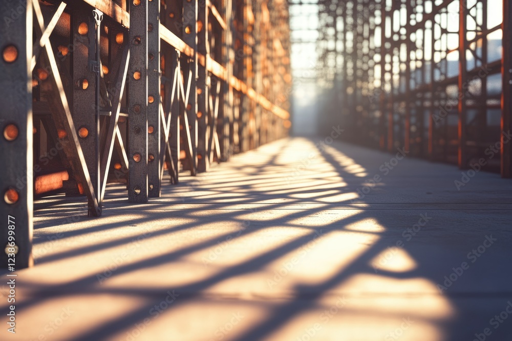 Poster sunlit shadows cast by a rusty metal framework on a concrete floor, creating a captivating industria