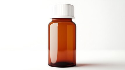 Blank amber pharmaceutical medical bottle with white cap isolated on white background.