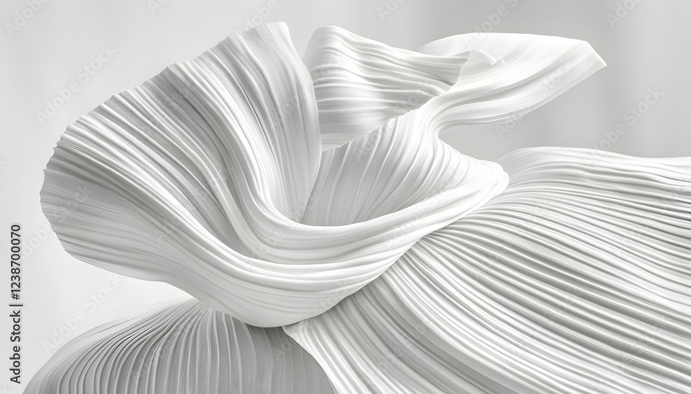 Poster abstract grayscale image of pleated fabric, swirling and flowing in dynamic curves, creating a sense