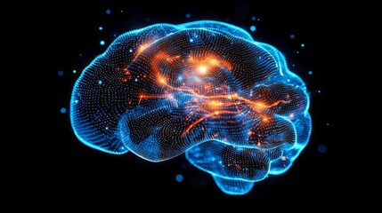 Fototapeta premium A mesmerizing display of a digital brain pulsating with glowing blue and orange patterns, representing neural connections. This visualization captivates with its intricate details and luminous energy