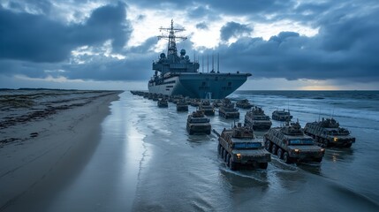 Military Convoy in Action on Sandy Beach Landscape