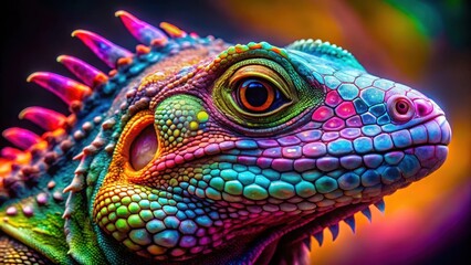 Fototapeta premium Vibrant colorful neon reptile head with intricate scales and patterns resembling an exotic tropical landscape, scaly texture, reptile skin