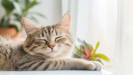 Life at Home Themed, pet cat lounging peacefully on windowsill in soft sunlight