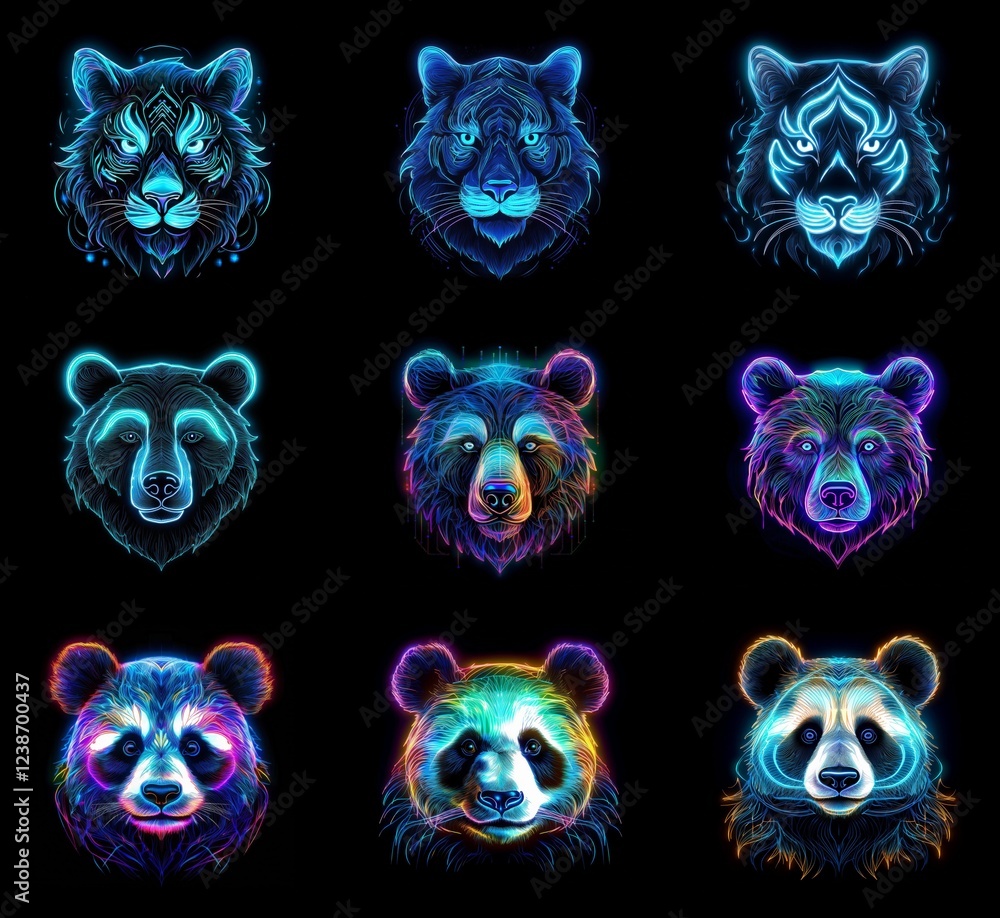 Poster nine vibrant animal portraits: tigers and pandas. neon, glowing lines create a striking effect again