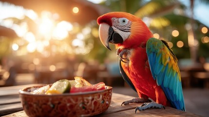 A cheerful parrot stands by a vibrant dish filled with fresh food in a sunlit setting, symbolizing companionship with nature around the outdoor dining experience.