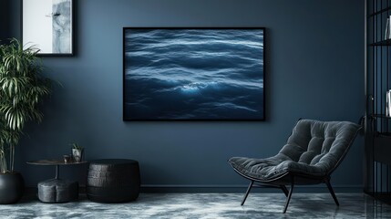 Simple black rectangular frame on a navy blue wall, creating a bold contrast in a contemporary room.