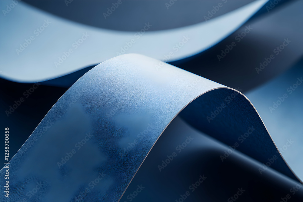 Poster abstract close-up of textured blue paper, elegantly curved and layered, creating a visually appealin