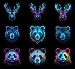 Fototapeta premium Neon-glow animal portraits: deer, bear, and panda heads, vibrant color variations, geometric style, dark background.