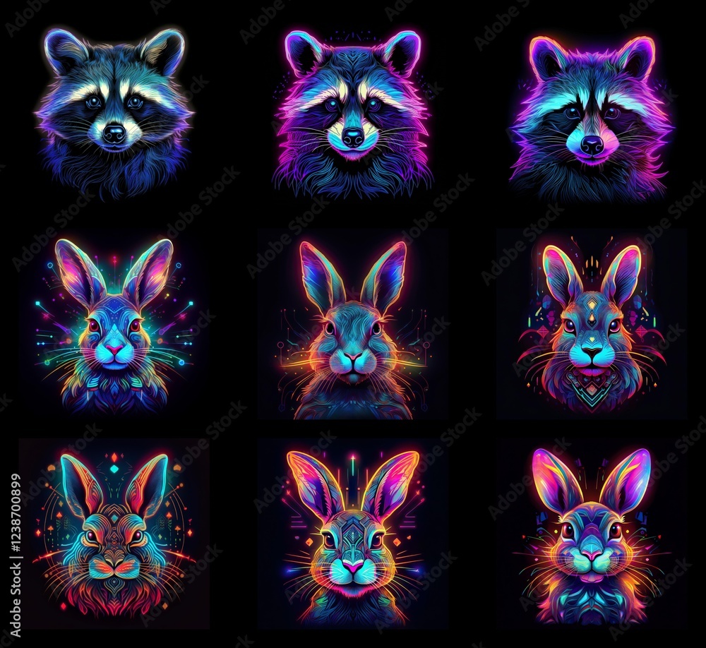 Poster Nine vibrant, neon portraits of raccoons and rabbits.  Each animal is depicted with a unique color palette and stylistic variations, creating a captivating collection.