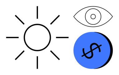 Sun with rays, an eye, and a blue circle with a dollar sign. Ideal for themes of clarity, vision, financial success, energy, growth positivity and insight. Minimalist abstract line flat metaphor