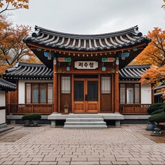 Obraz premium Korean hanok house brown and black on plain white background