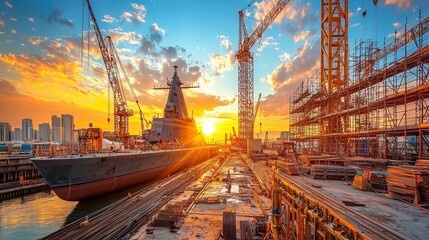 Naklejka premium Early Morning Shipyard Scene with Destroyer and Cranes