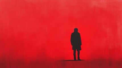 Obraz premium Solitary figure, red background, pensive mood, graphic design